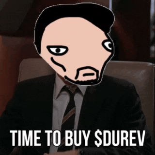 a cartoon of a man in a suit and tie with the words time to buy $durev