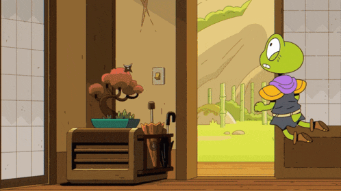 a cartoon frog is running through a doorway with an umbrella holder