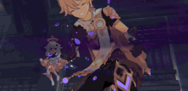 a couple of anime characters are standing next to each other in a dark room ..