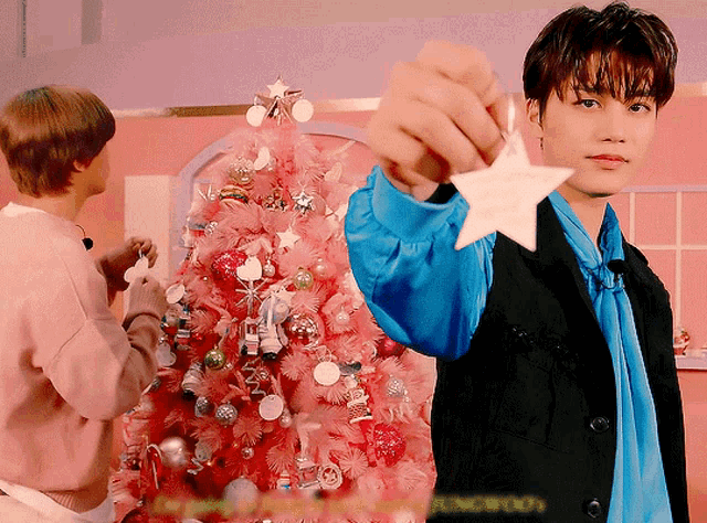 a man in front of a pink christmas tree holds a star