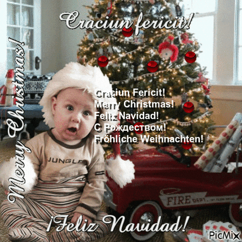 a baby wearing a santa hat sits in front of a christmas tree on a christmas card