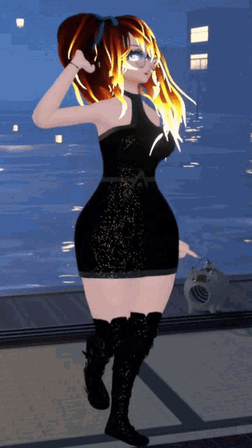 a woman in a black dress and thigh high boots is standing in front of a window