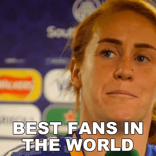 a close up of a woman 's face with the words " best fans in the world " above her