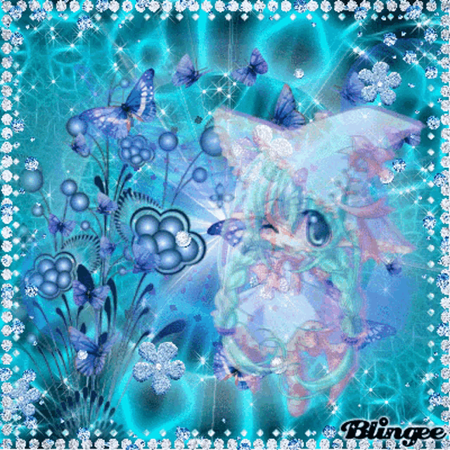 a blue background with flowers and butterflies and the word blingee