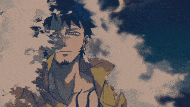 a man with a beard is standing in front of a cloudy sky with a crescent moon in the background