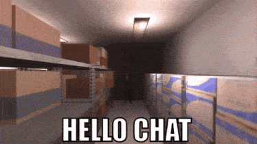 a man in a tuxedo is standing in a dark room with boxes on shelves and the words hello chat on the bottom