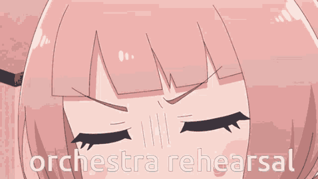 a cartoon of a girl with green eyes and the words orchestra rehearsal below her