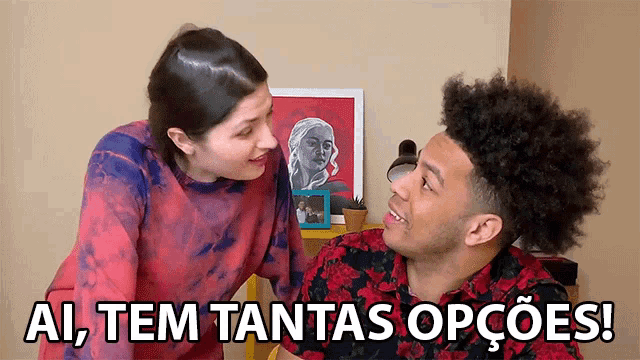 a man and a woman are standing next to each other with the words ai tem tantas opcoes written below them