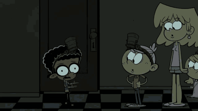 a group of cartoon characters are standing in a dark room and one of them is wearing a top hat