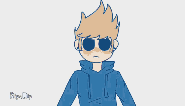 a cartoon character wearing a blue hoodie and purple ears is standing with his arms outstretched .