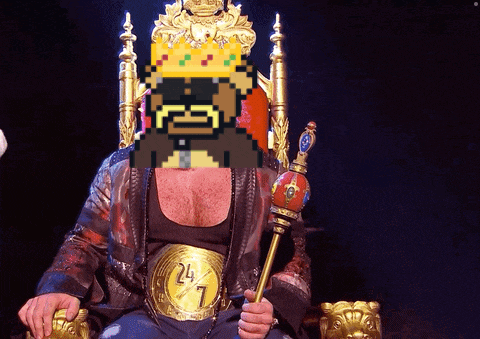 a man is sitting on a throne holding a crown and wearing a 24 7 belt