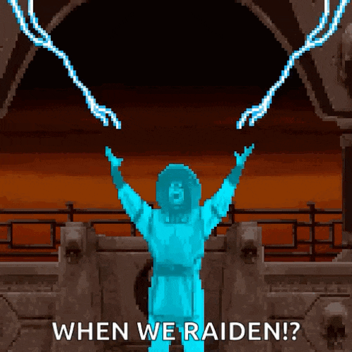a pixel art of a person with their arms outstretched and the words when we raiden