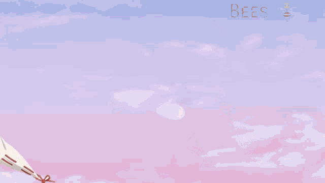 a fox girl with a flower in her hair is standing in front of a purple background with the word bees on it .