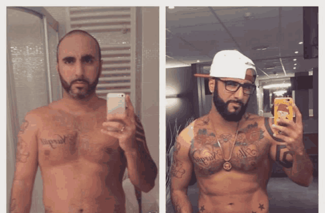 a man taking a picture of himself with a tattoo on his chest that says ' imperial ' on it