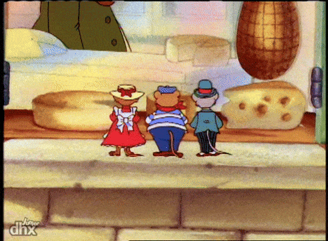 three cartoon characters are standing in front of a cheese counter and the letters dnx are on the bottom left