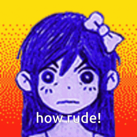 a drawing of a girl with blue hair and a bow in her hair says how rude
