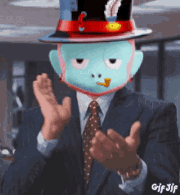 a man in a suit and tie with a mask on his face clapping