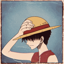 a drawing of a man wearing a straw hat with the number 916 on it