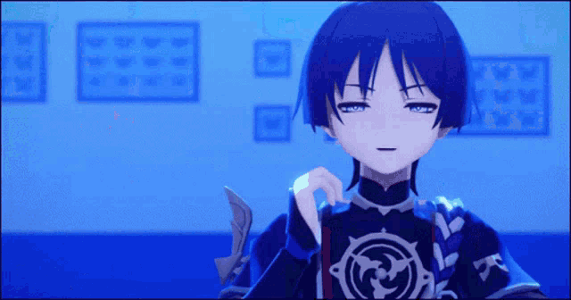 a cartoon character with blue hair and a black shirt with a symbol on it