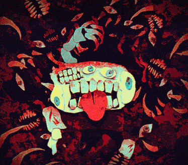 a drawing of a monster with a red tongue sticking out surrounded by eyes