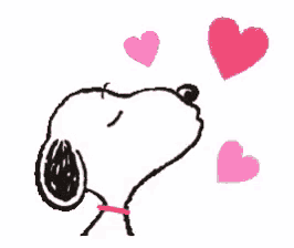 a cartoon of snoopy blowing a kiss with pink hearts surrounding him