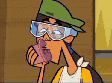 a cartoon character wearing a green hat and goggles drinking from a cup