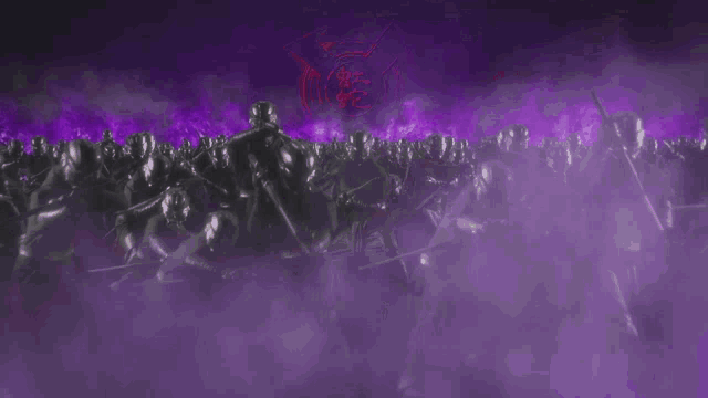 a large group of people are standing in a dark room with purple smoke coming out of it
