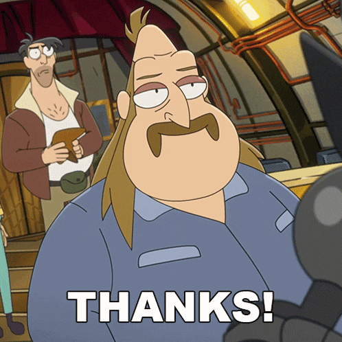 a cartoon of a man with a mustache and the words thanks
