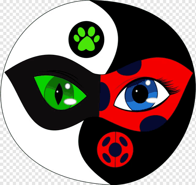 a black and white yin yang symbol with a ladybug mask