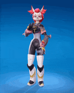 a cartoon character with red hair and white pants stands on a blue background
