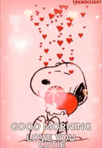 snoopy is holding a heart in his mouth with hearts coming out of his mouth .