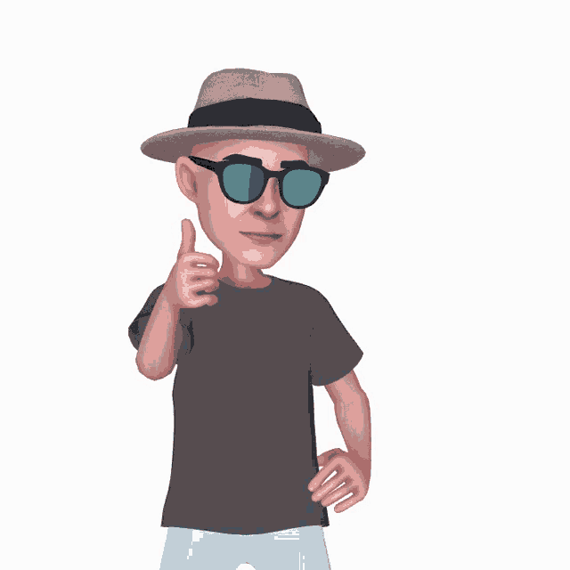a cartoon character wearing a hat and sunglasses stands with his fist in the air