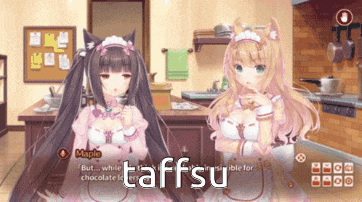 two anime girls are standing in a kitchen and the word taffsu is on the bottom