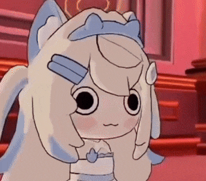 a close up of a cartoon character with white hair and blue eyes