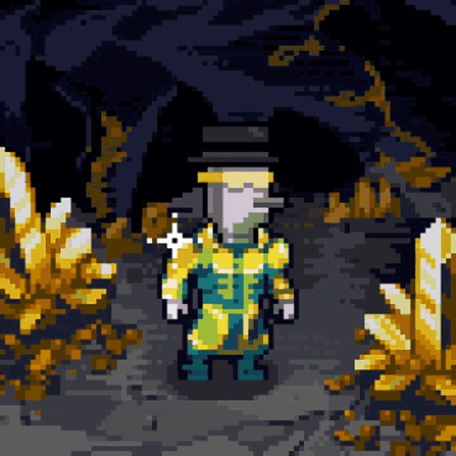 a pixel art of a man in a yellow jacket