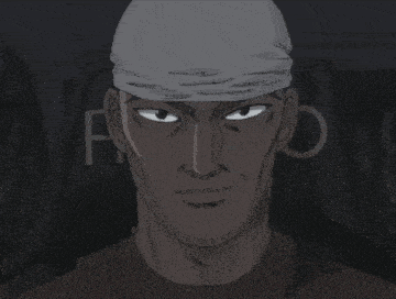 a close up of a man 's face with a bandage on his head with the letter f in the background