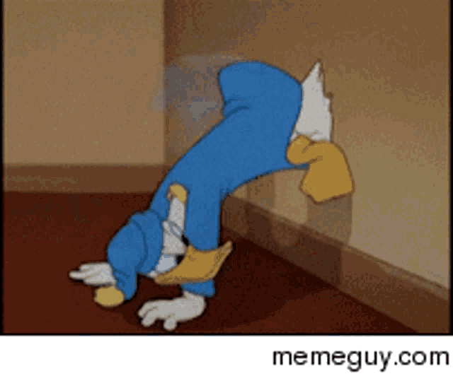 a cartoon of donald duck leaning against the wall