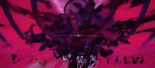 a person is standing in a dark room with a purple background and a blue light coming out of their eyes .