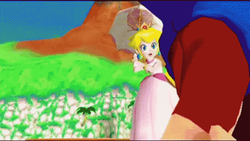 a cartoon of princess peach holding an umbrella in a field