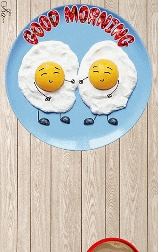 a blue plate with two eggs and the words good morning written on it