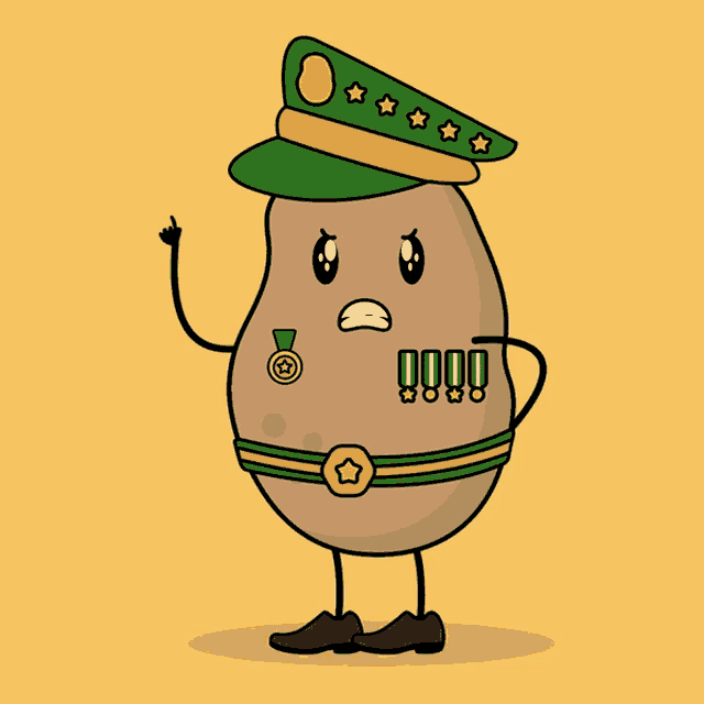 a cartoon illustration of a potato wearing a military uniform and hat