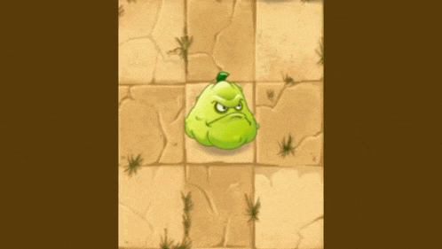 a green pear with an angry face is standing on a tiled floor in a video game .