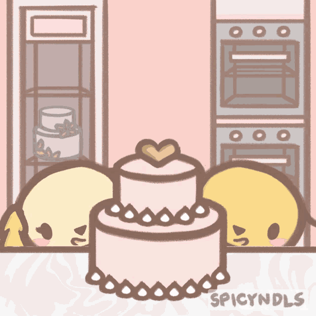a pink cake with a heart on top is surrounded by two chickens