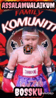 a little boy is wearing boxing gloves and shorts with the word bossku on the bottom .
