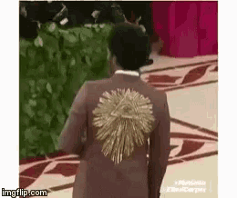 a man in a suit with a gold embroidery on the back is standing on a red carpet .