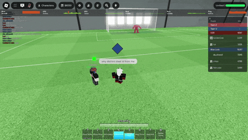 a screenshot of a soccer game with a person asking why did bro steal id from me