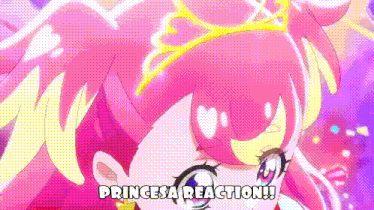 a close up of a pink anime girl with a crown on her head and the words `` princess reaction ! ''