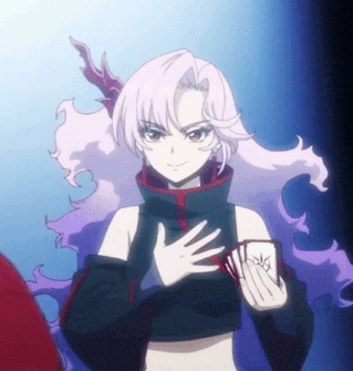 a girl with long white hair is holding a card with the letter x on it