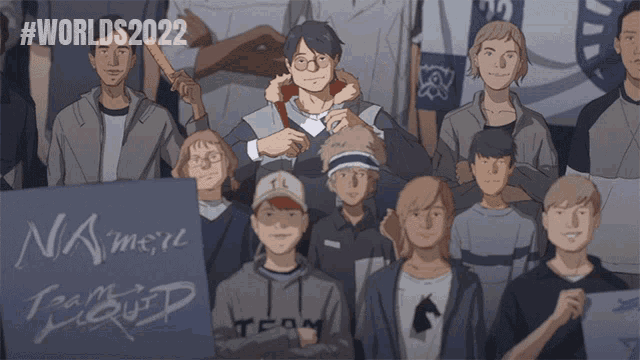 a group of people posing for a picture with a sign that says team liquid