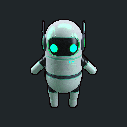 a white robot with green eyes is standing on a black background